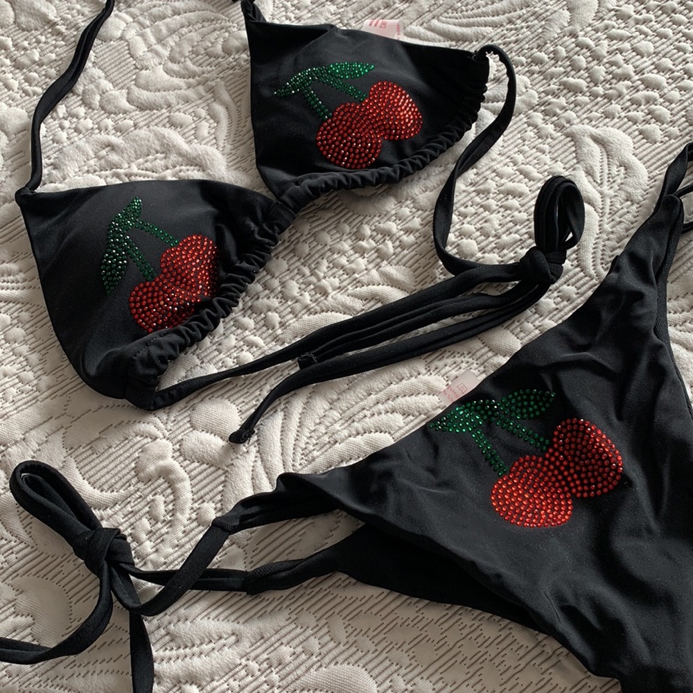 👙Brand New👙 Cherry Rhinestone Studded Halter Bikini